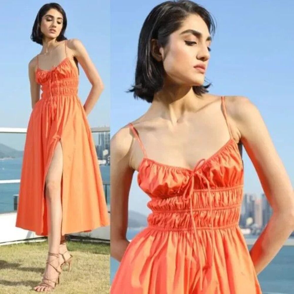 SAU LEE | Revolve Beatrice Cotton Side Slit Midi Dress in Coral 100% Cotton